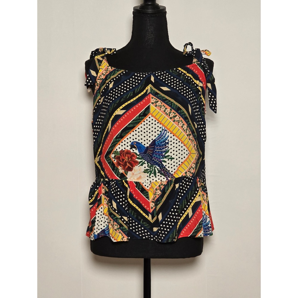 SOLD x Anthropologie Carmen Peplum Parrot Print Tie-Shoulder Blouse Top XL - Picture 4 of 15